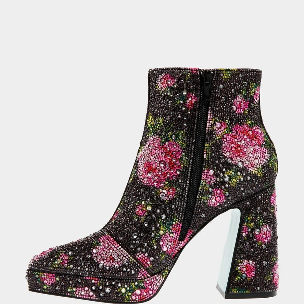 NEW BETSEY JOHNSON Delia Rhinestone Floral Booties Black/Pink 367tn - Picture 8 of 12